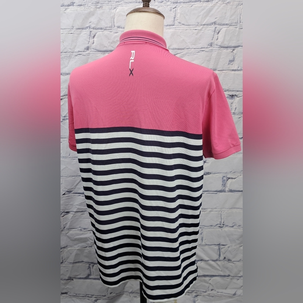 RLX Ralph Lauren Men's Golf Polo Shirt Logo Pink Navy Striped Large - Picture 7 of 14